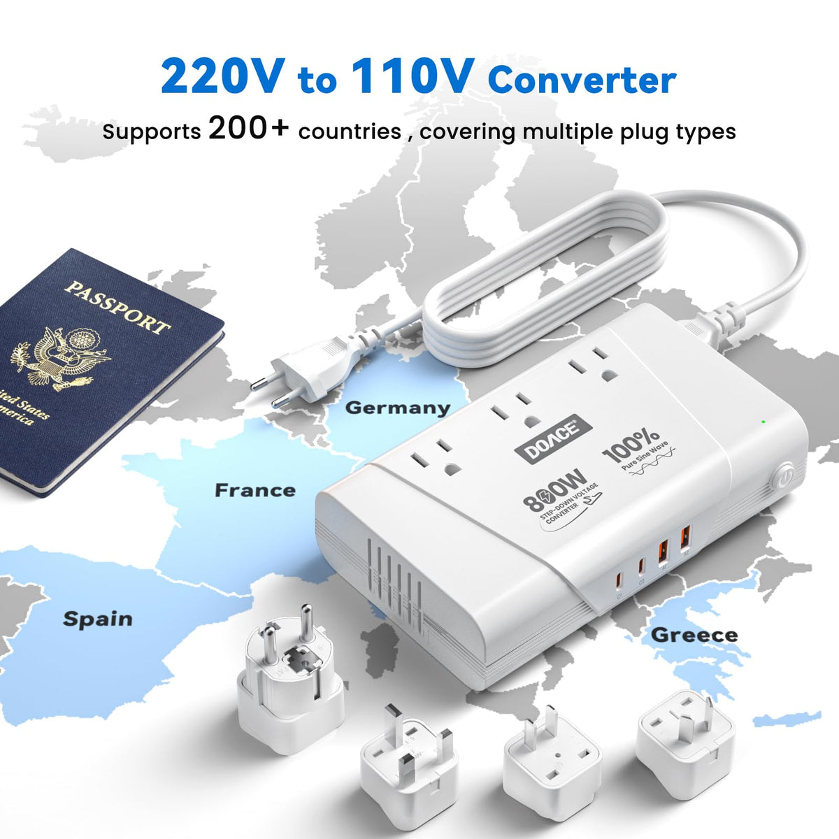 DOACE 800W adapter highlights pure sine wave output for delicate electronics