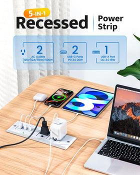 Under-desk installation view of DOACE recessed strip showing space-saving setup