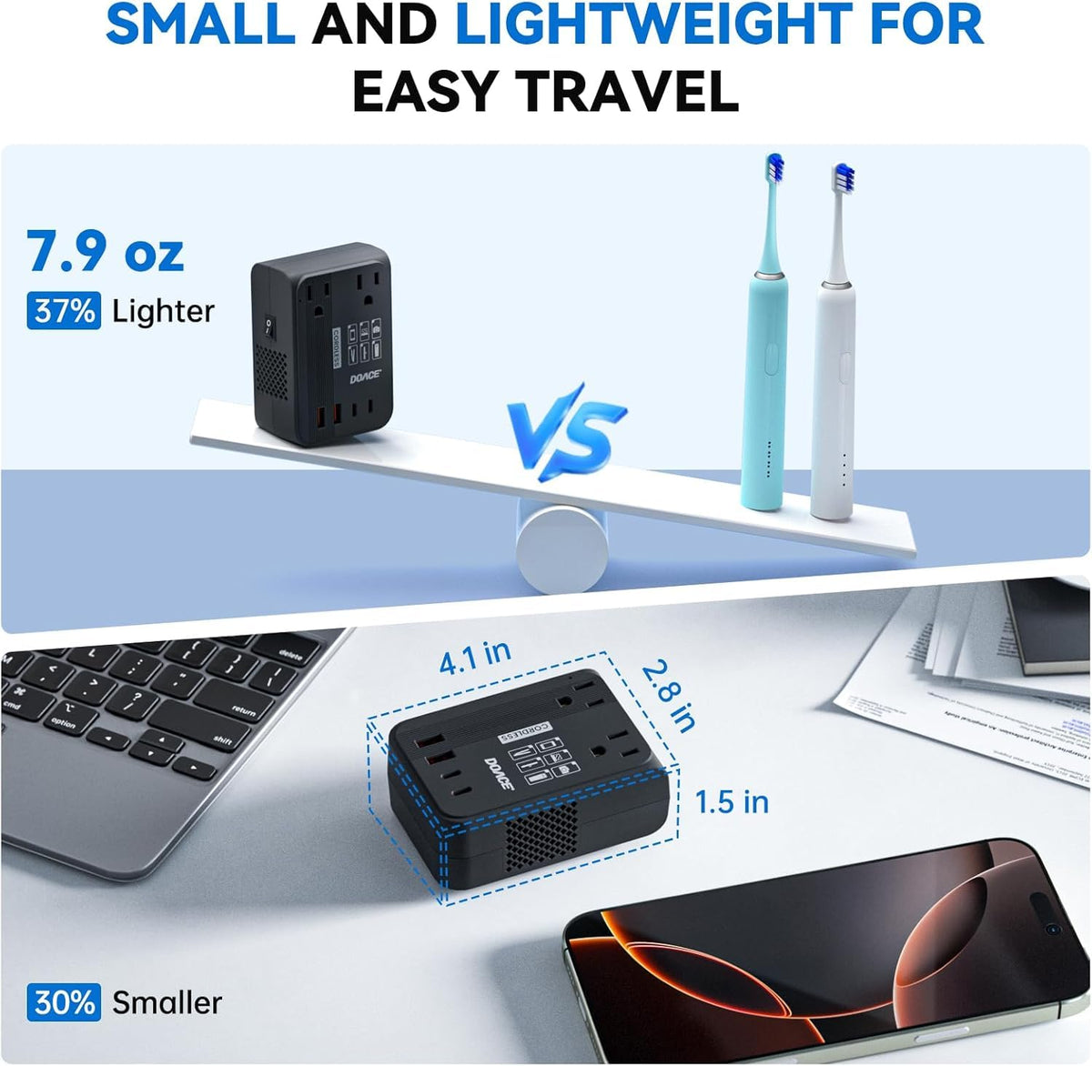 DOACE top view of USB ports and label showing fast-charge USB-A and USB-C convenience