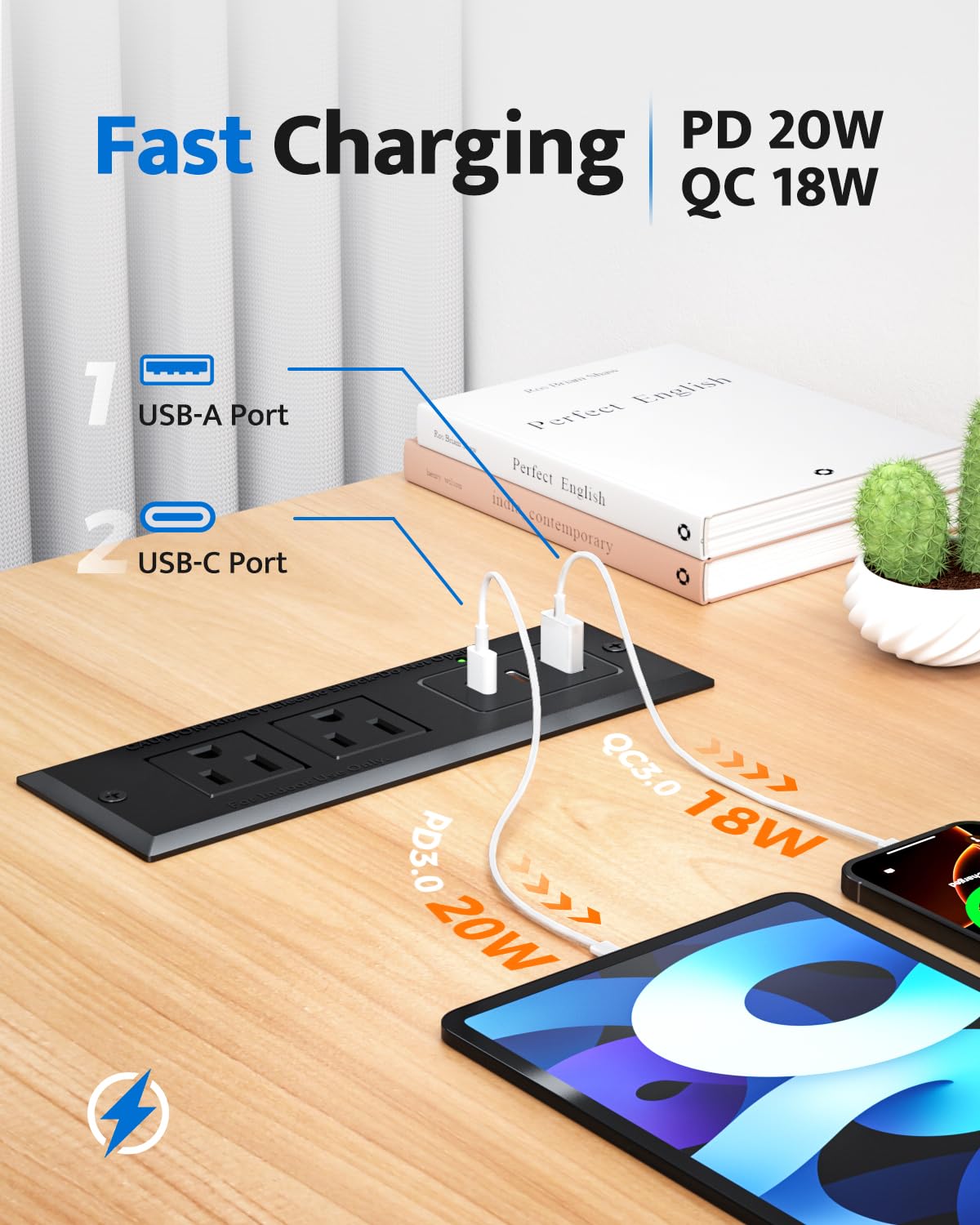DOACE USB-A 18W port powers older devices efficiently.