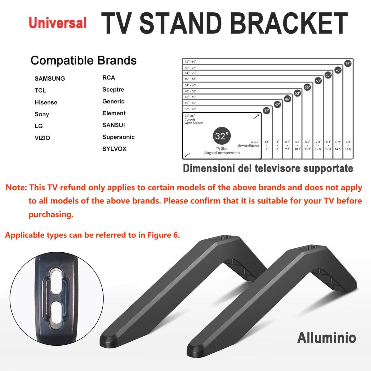DOBOLAN TV stand legs compatible with Samsung, Hisense, Roku, LG and Vizio models.