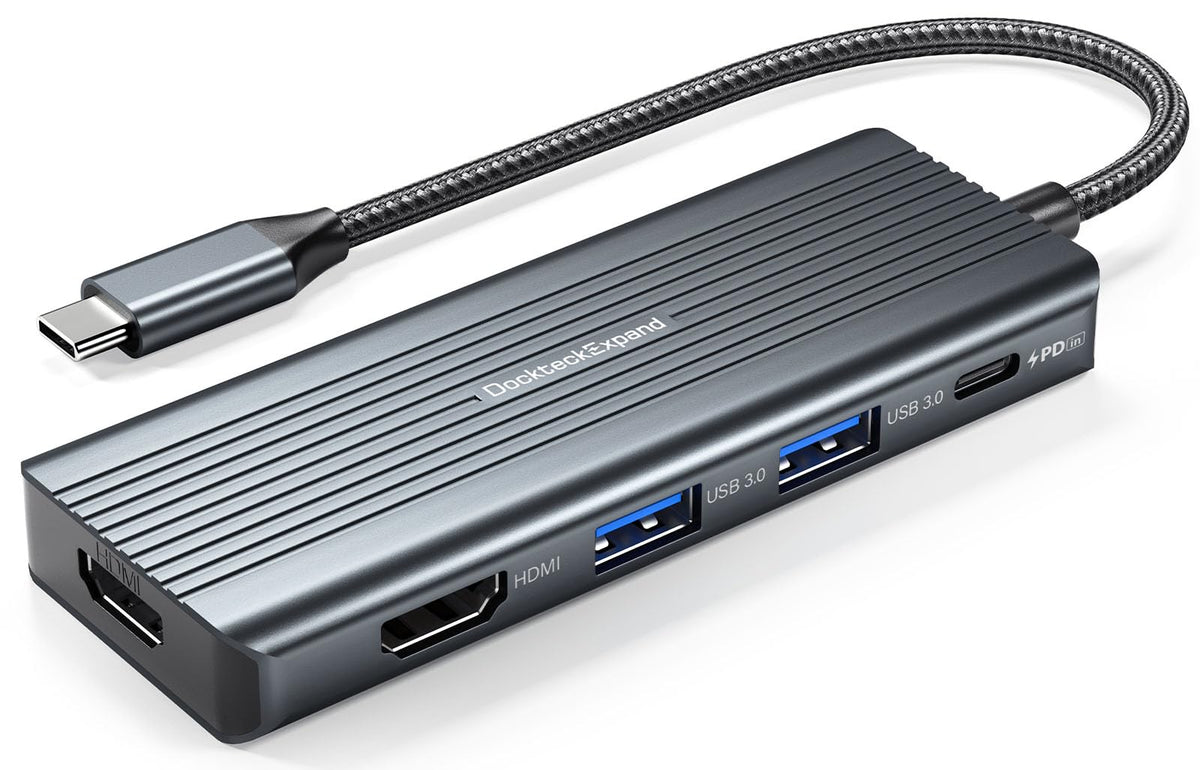 DockteckExpand 5-in-1 hub front view showing compact, multitasking design for desks