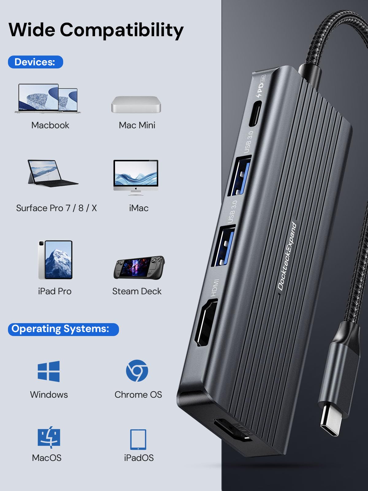 DockteckExpand compact hub neatly fits on a crowded desk for productivity