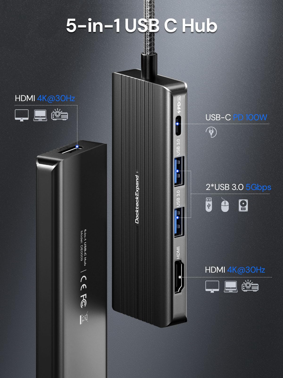 DockteckExpand 4K-30Hz HDMI output supports crisp presentations.