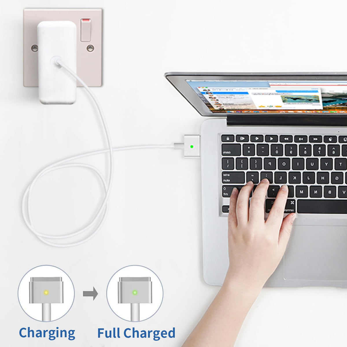 Dodaug MacBook Air green LED confirms full charge readiness.