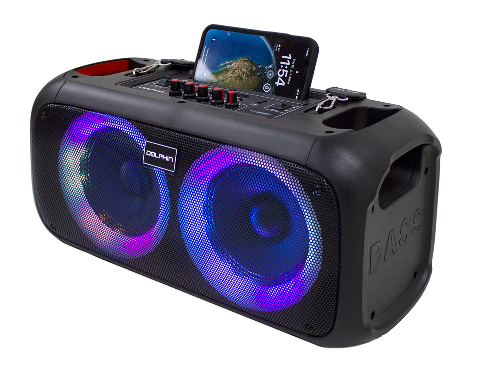 Dolphin boombox front view showing speakers and controls for powerful sound