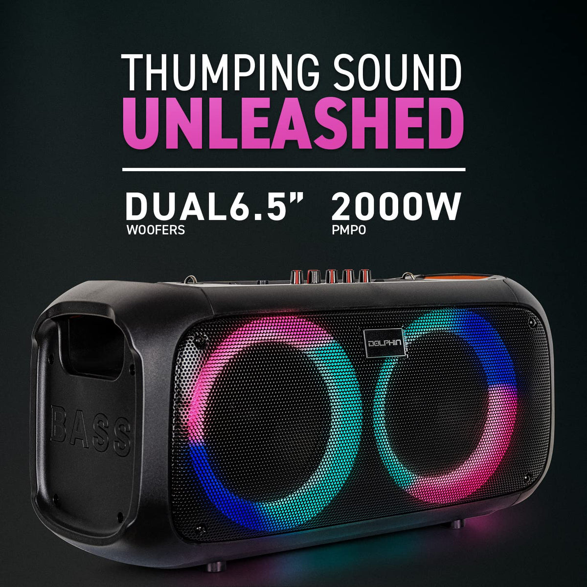 Dolphin boombox LED lights activated creating lively party atmosphere