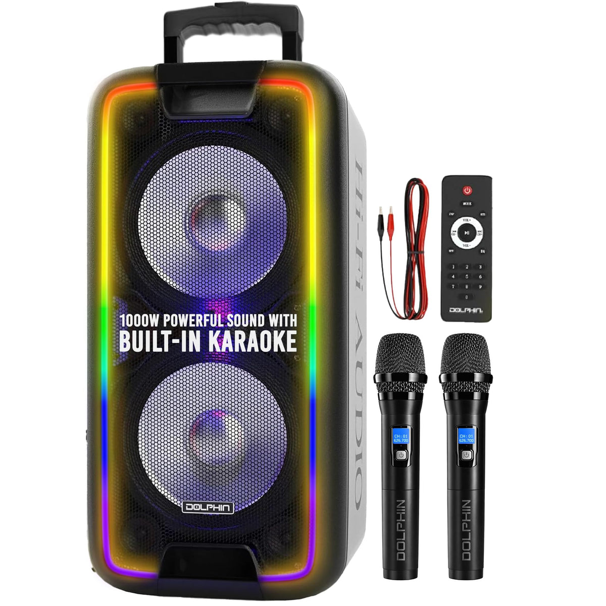 Dolphin Dual 10-Inch speaker front view highlighting powerful sound for parties.