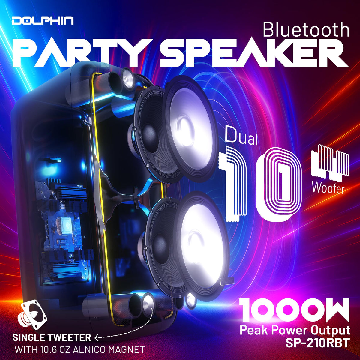 Dolphin speaker with multicolor LED lights enhancing party atmosphere.