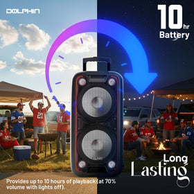 Dolphin Dual 10-Inch speaker with wireless microphones for karaoke and events.