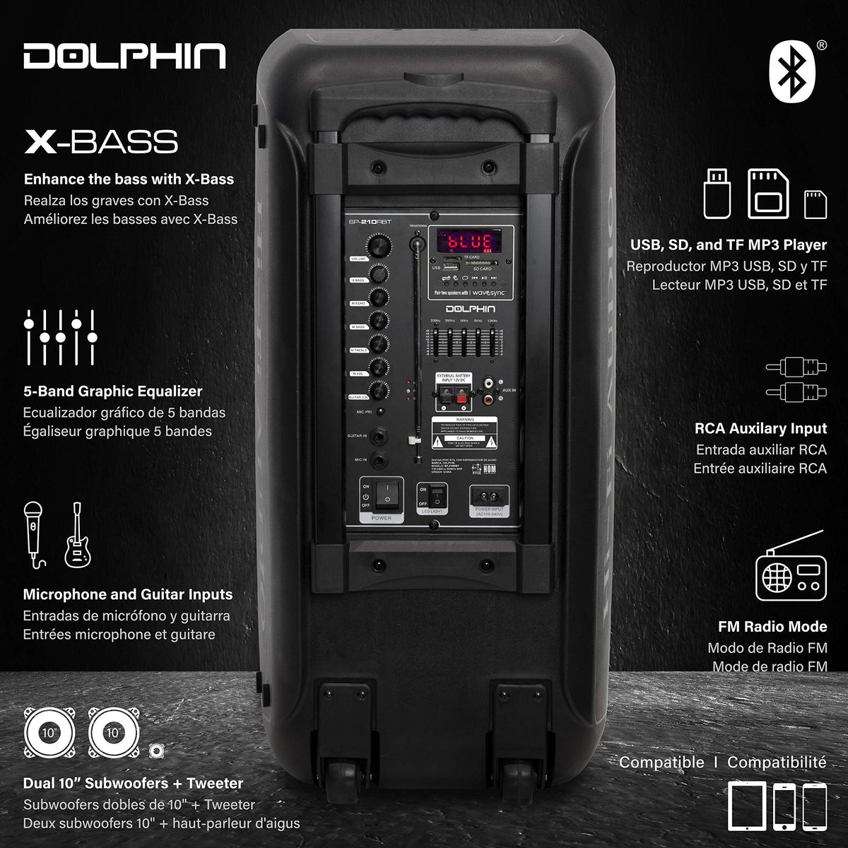 Dolphin high-power speaker supports guitar and mic inputs for live performances.