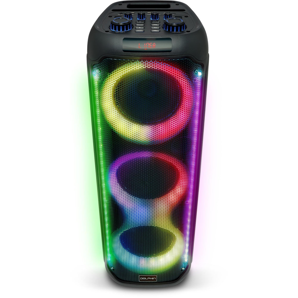 Dolphin KaraokeBox 380 features a dynamic LED light show for vibrant visuals.
