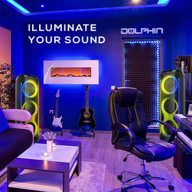 Dolphin KaraokeBox 380 has a built-in handle and wheels for easy transport.