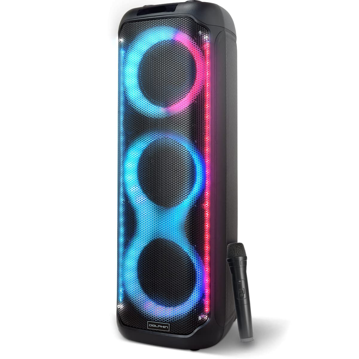 Dolphin KaraokeBox 380 shows triple 8-inch woofers for powerful bass at parties.