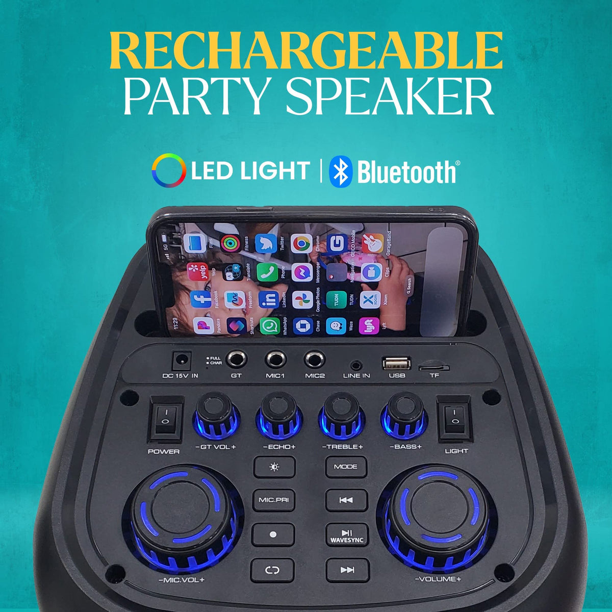 Dolphin KaraokeBox 380 enables wireless dual speaker connection for larger immersive sound outdoors.