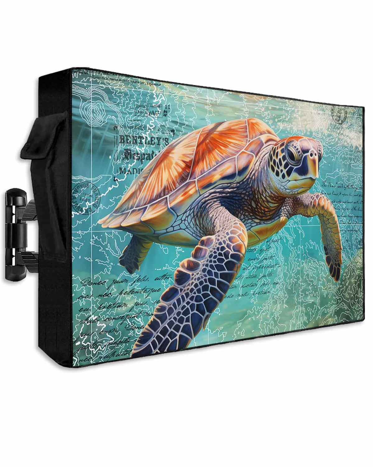 DOME-SPACE front view of ocean sea turtle cover protecting a TV, shows full-coverage protection