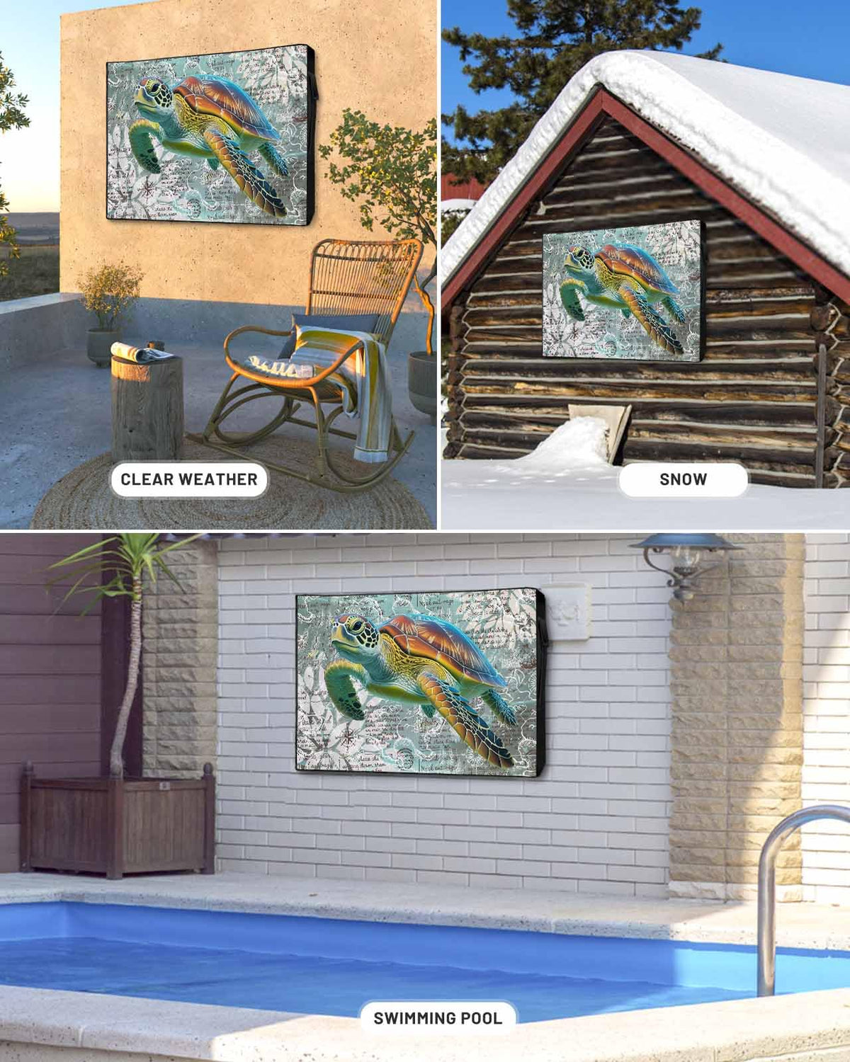 DOME-SPACE cover on mounted TV demonstrating weather protection in use