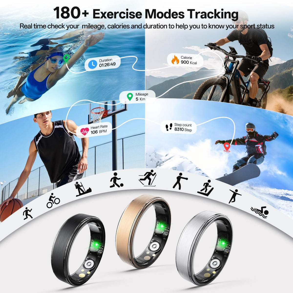 Domhong smart ring during workout showing multiple activity modes.