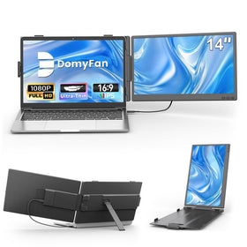 Domyfan 14-inch laptop monitor extender in a portable dual-screen setup for on-the-go productivity.
