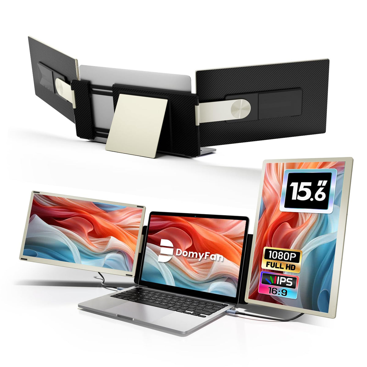 Domyfan 15.6-inch screen extender assembly showing a portable dual-monitor setup for on-the-go productivity