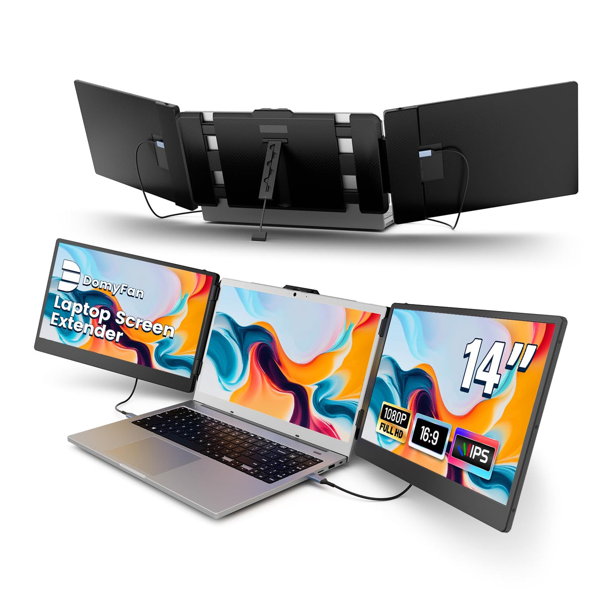domyfan 14in laptop screen extender front view, slim and portable for multitasking