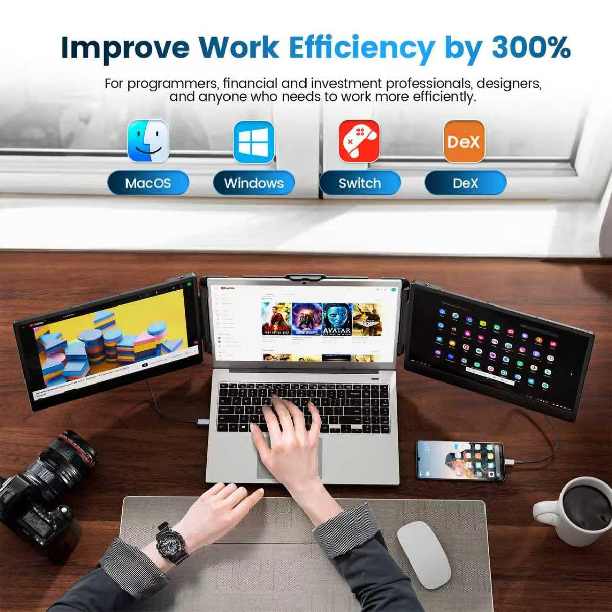 domyfan travel-ready monitor beside a laptop for on-the-go work