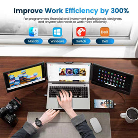 domyfan travel-ready monitor beside a laptop for on-the-go work