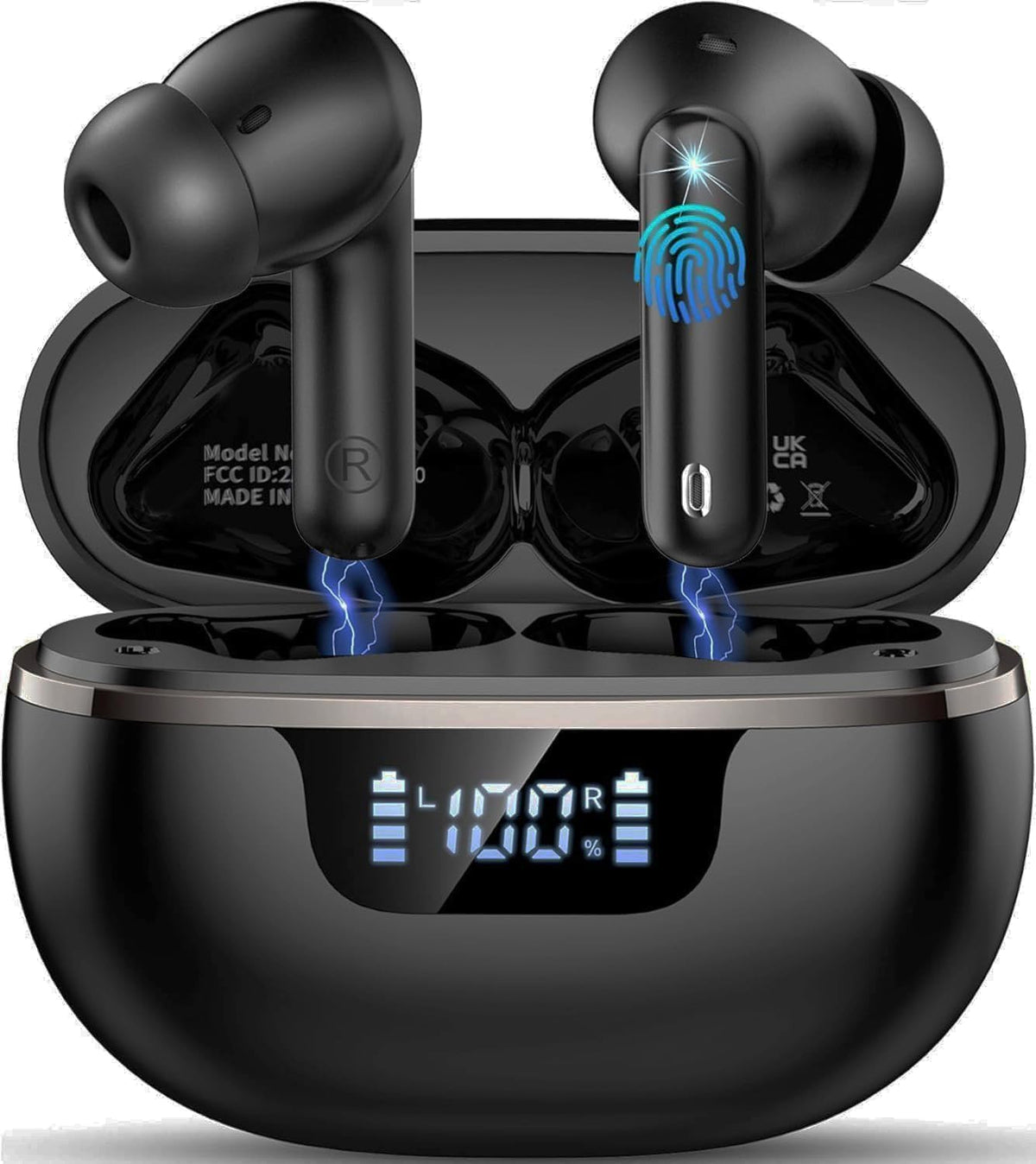 Donerton earbuds with LED power display showing remaining charge for easy recharging.