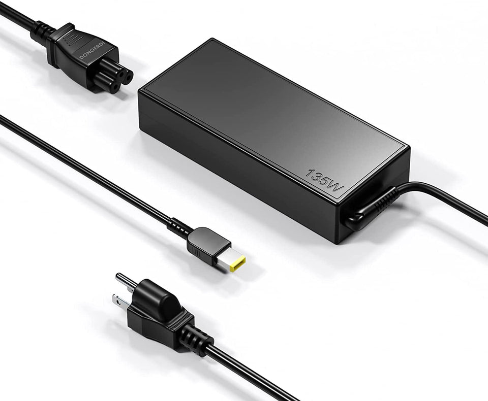Dongerdi 135W charger with square tip ready for Lenovo laptops, providing secure power connection.