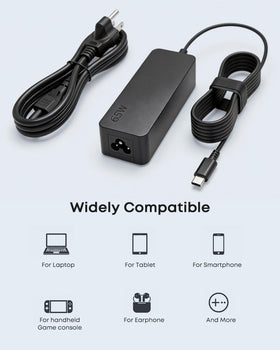 Dongerdi 65W USB-C charger in-use with laptop, reliable power on the go