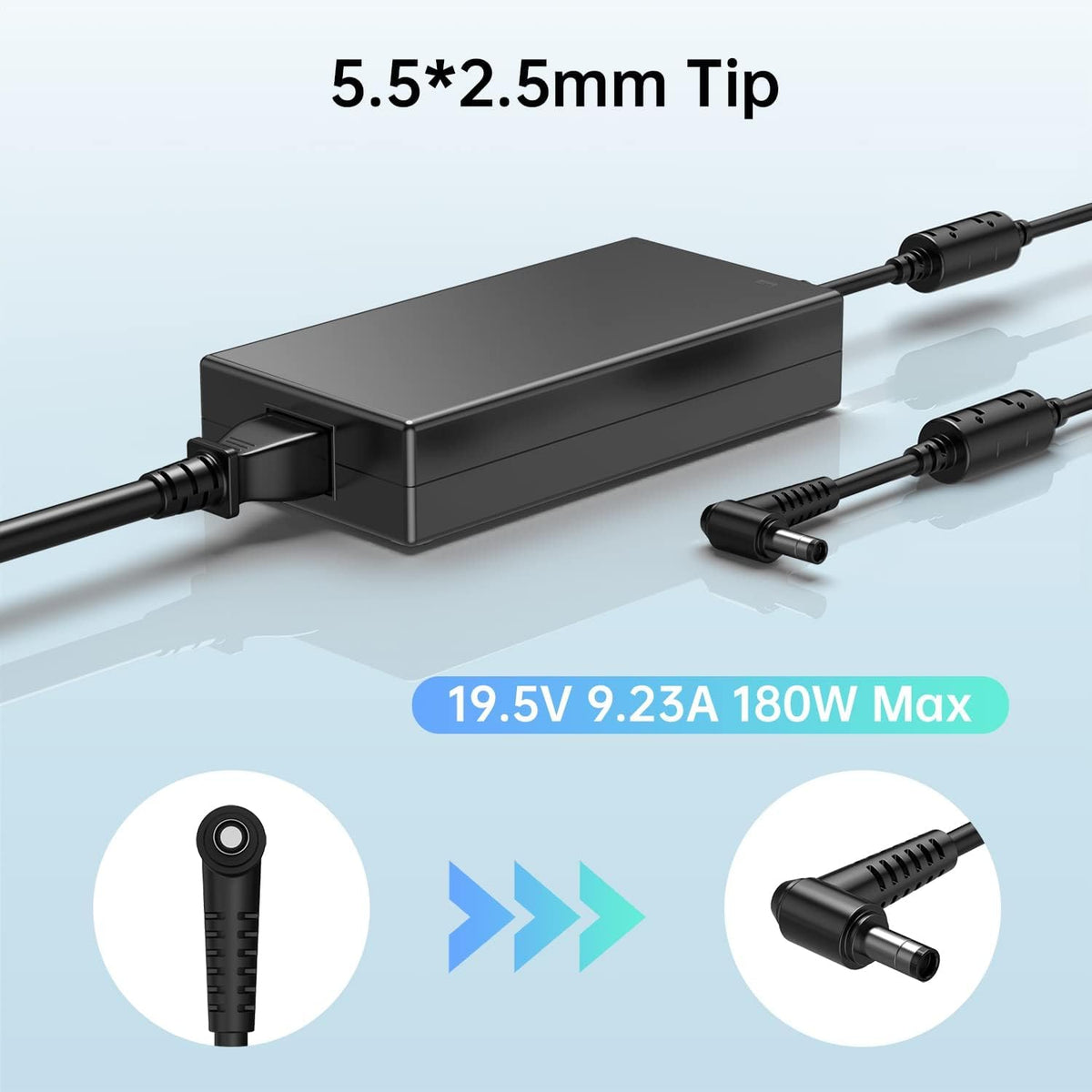 DONGERDI connector close-up highlighting 5.5x2.5mm plug and secure fit benefit