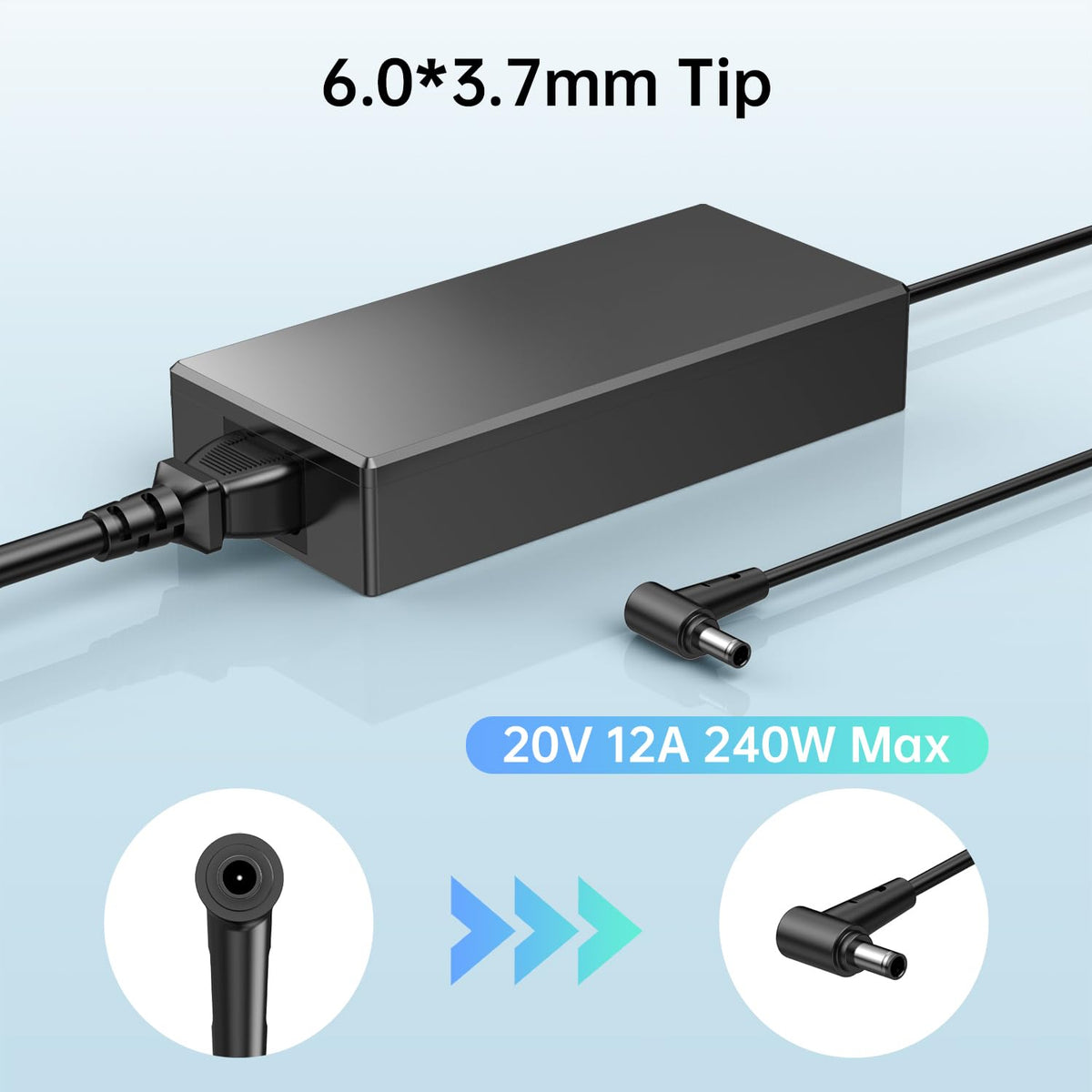 DONGERDI close-up of 6.0x3.7mm DC plug showing precise fit and secure connection