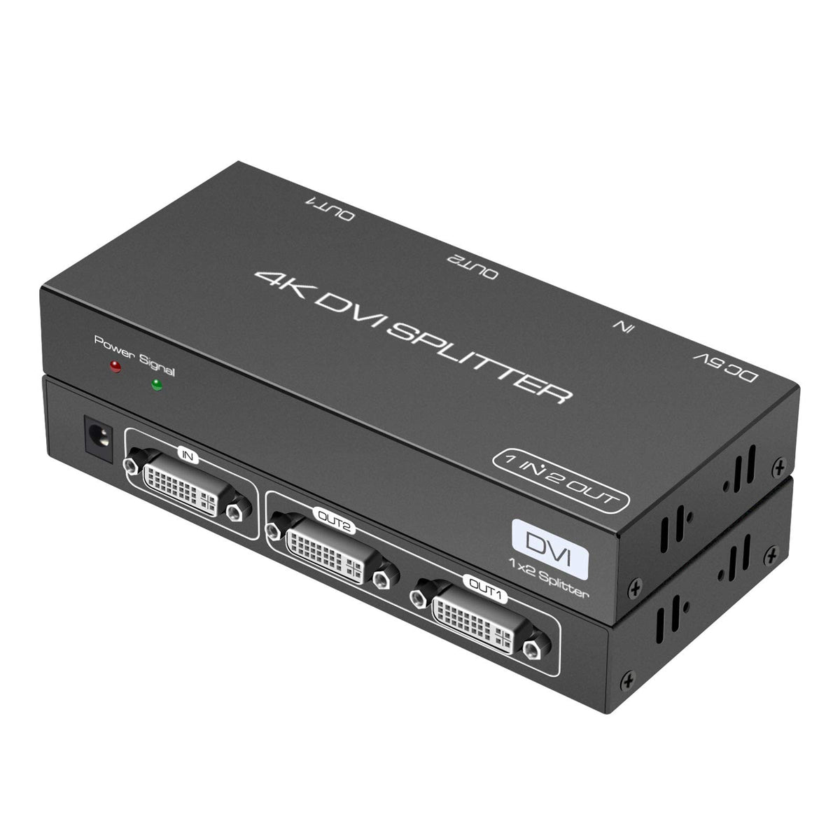 Front view of DONGJIAN DVI Splitter showing dual-monitor output for showroom demonstrations.