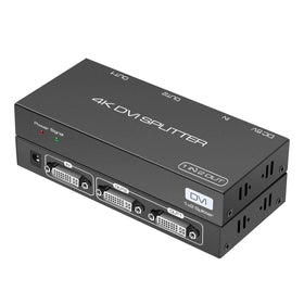 Front view of DONGJIAN DVI Splitter showing dual-monitor output for showroom demonstrations.