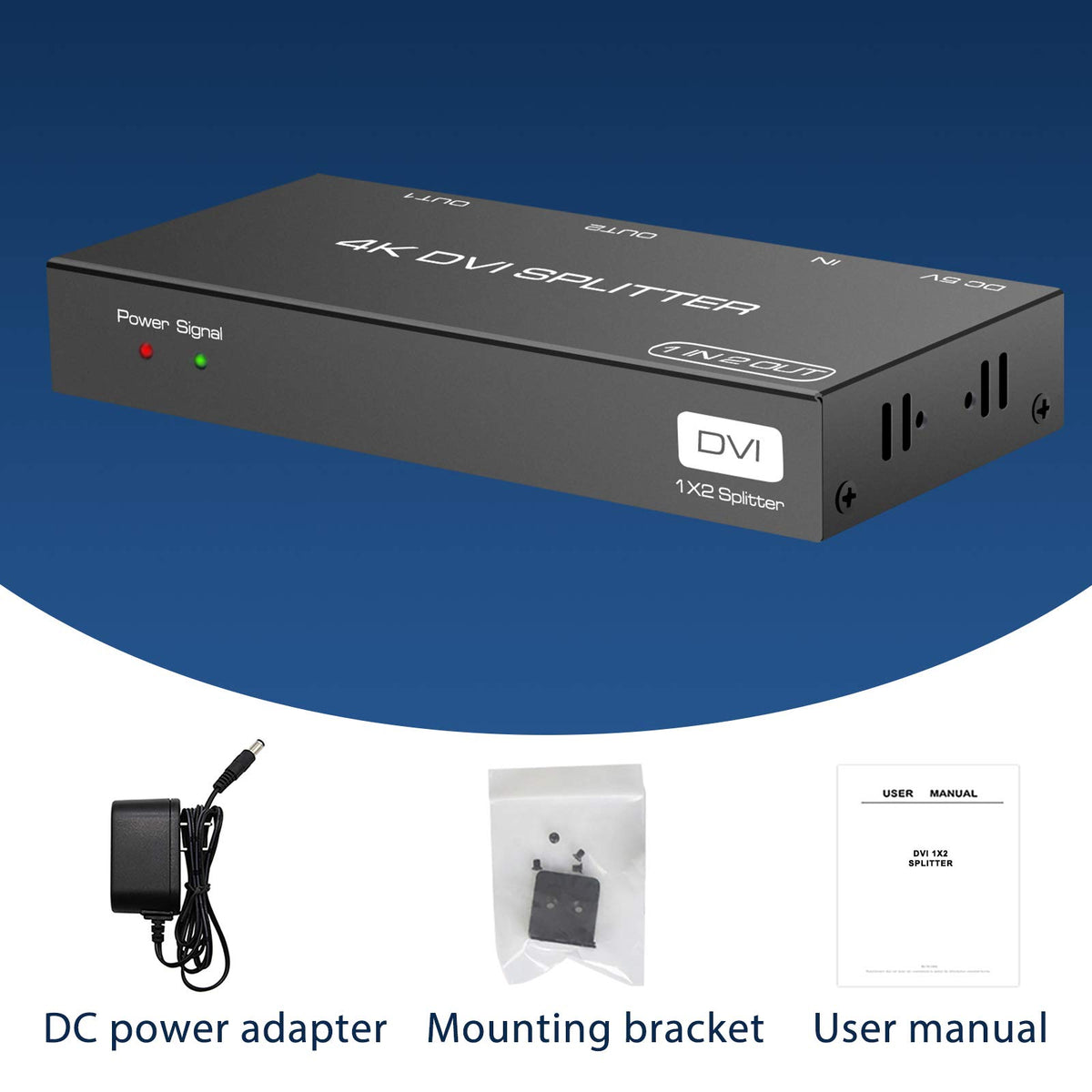 DONGJIAN DVI Splitter connecting two displays in office setup.