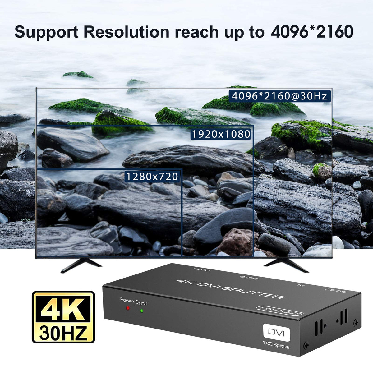 Remote signal amplification feature of DONGJIAN DVI Splitter enabling long-distance presentation.