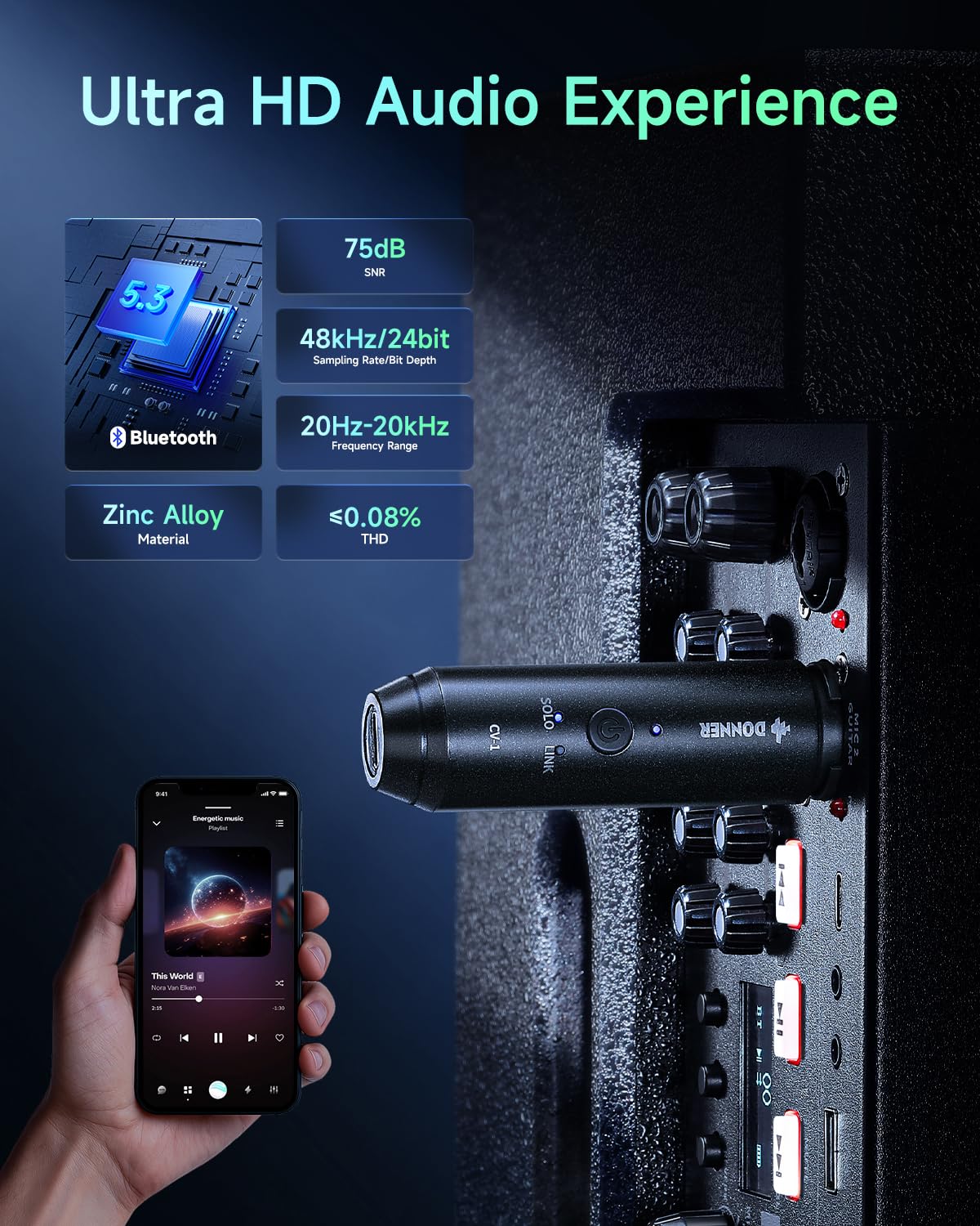 Donner CV-1 rear XLR plug inserted into speaker for immediate wireless playback