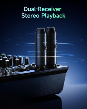 Donner CV-1 plugged into a PA speaker during a live event for cable-free streaming