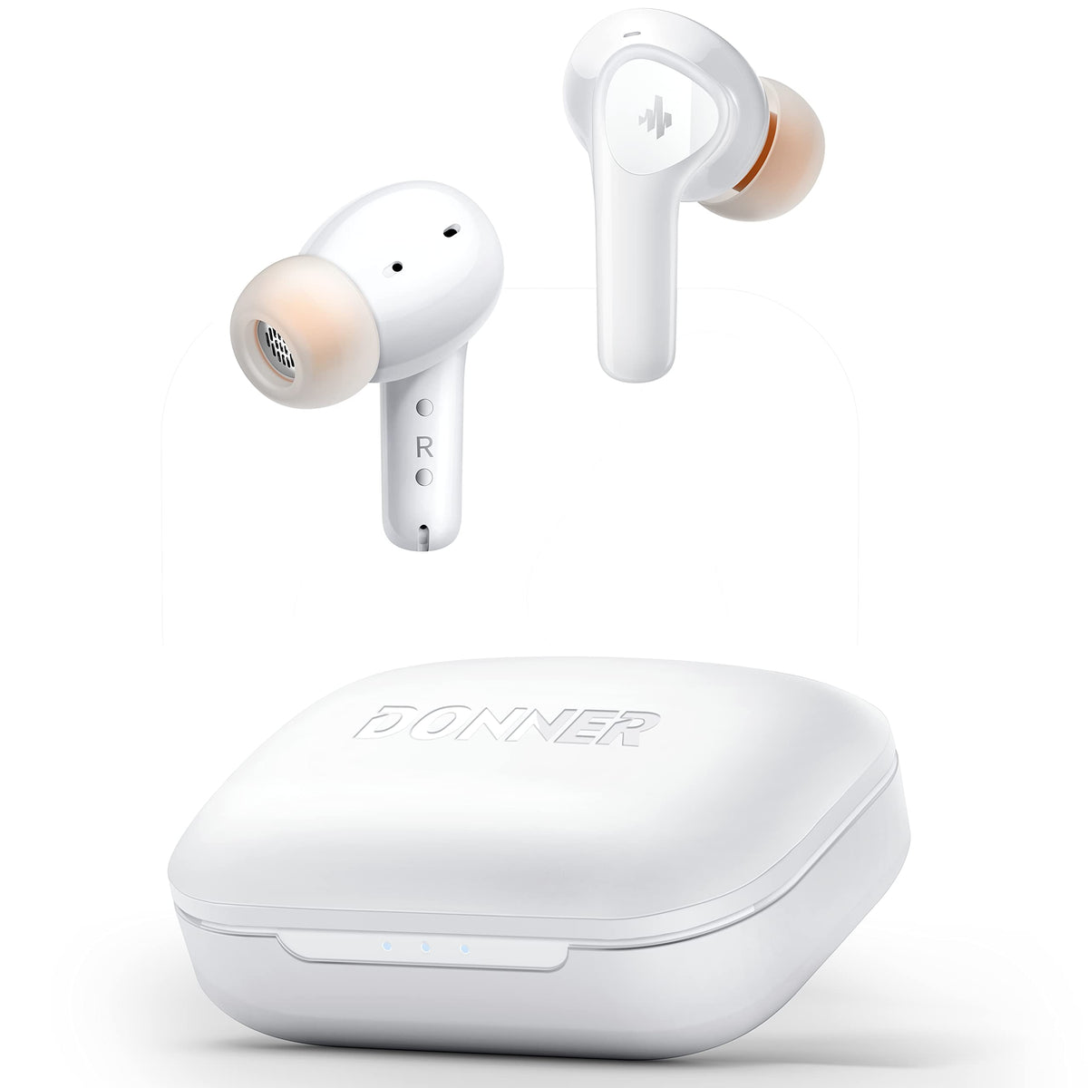 Donner Dobuds ONE unboxing view showing the compact earbuds and charging case.