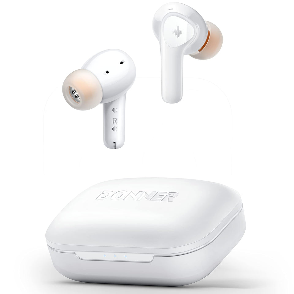 Donner Dobuds ONE unboxing view showing the compact earbuds and charging case.
