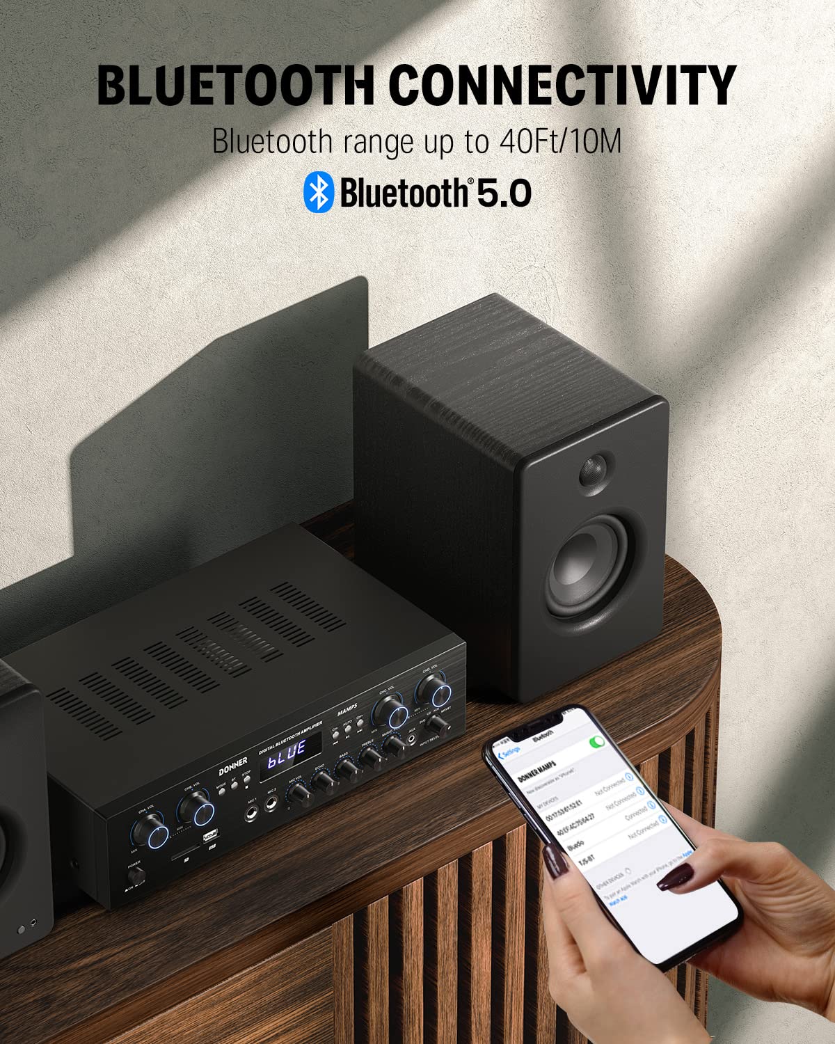 Donner karaoke-ready setup with Bluetooth 5.0 for stable wireless streaming.