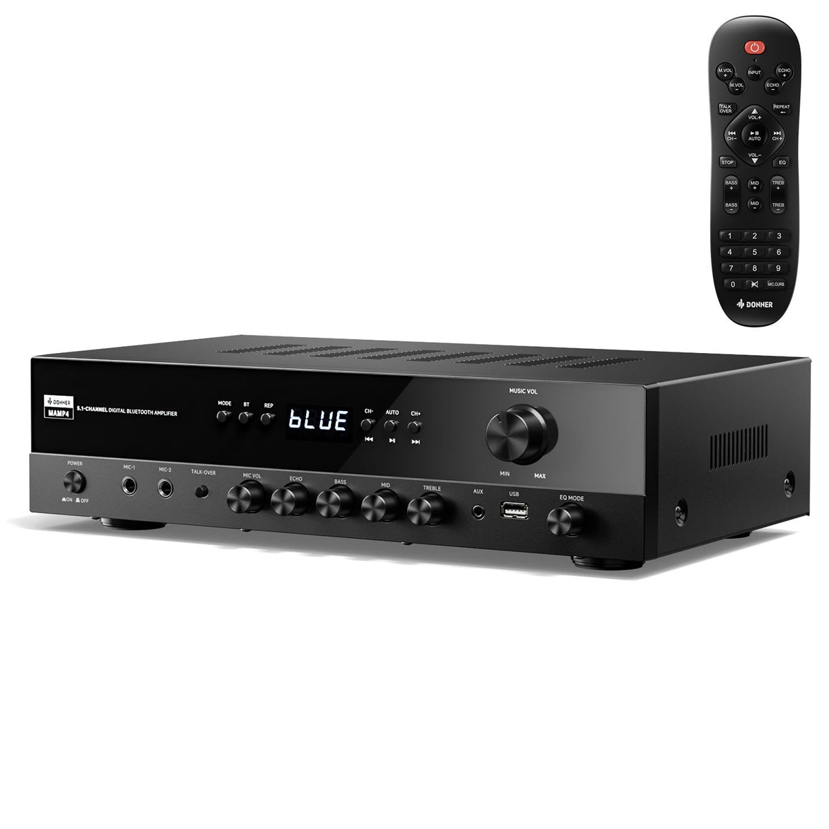 Donner MAMP4 front panel with controls and display for quick sound tuning.