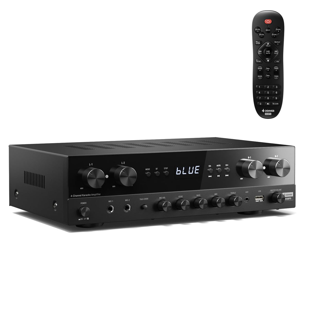 Donner stereo receiver front panel with knobs for quick setup and clear volume control