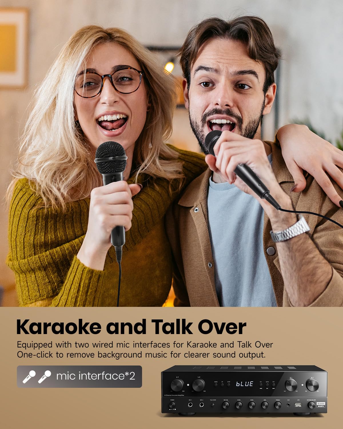 Donner stereo receiver in a living room setup for karaoke with speakers and Talk Over