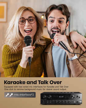 Donner stereo receiver in a living room setup for karaoke with speakers and Talk Over