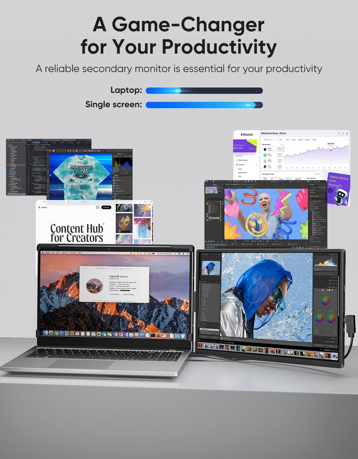 Dopesplay foldable detachable dual monitor offers flexible viewing during travel or work.