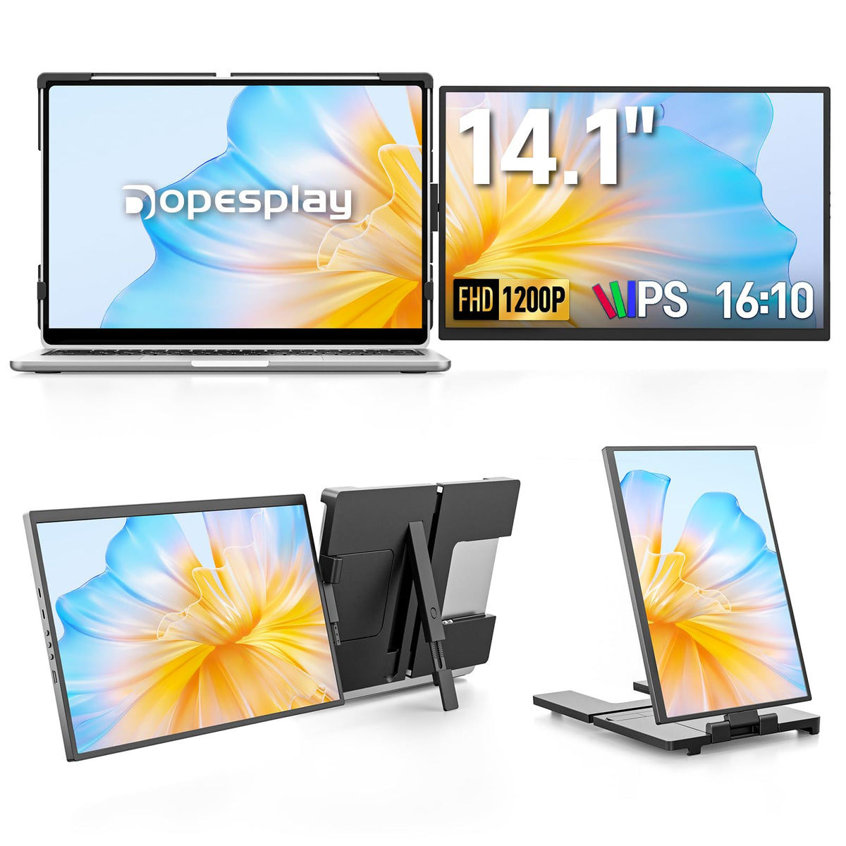 Dopesplay laptop screen extender setup enables quick multitasking on a tidy desk.