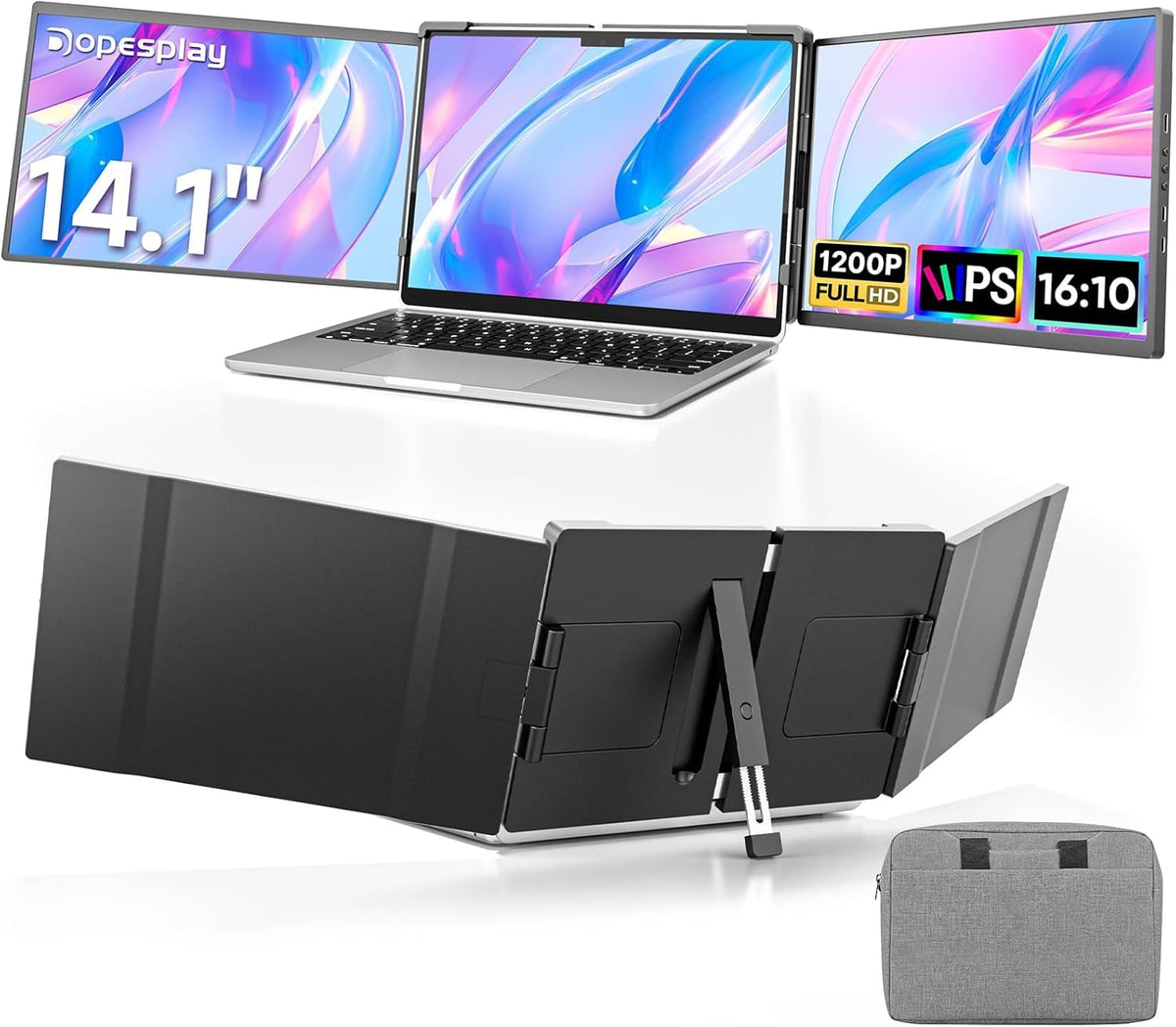Dopesplay triple-monitor case setup for travel and productivity.