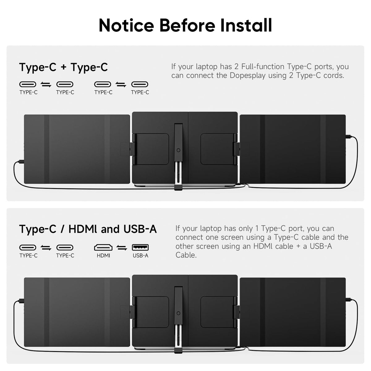Dopesplay triple-monitor foldable setup demonstrates space-saving productivity on the go.