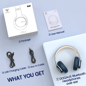 DOQAUS included accessories laid out showing cable and pouch